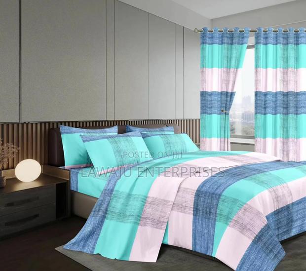 Stripped Blue 7 Pc Cotton Duvet Set With Curtains
