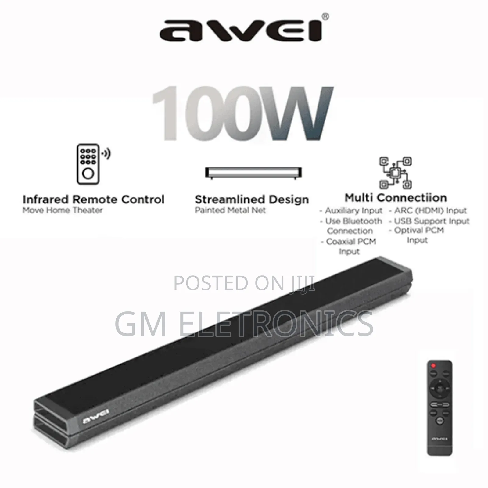 100W Awei Y990 TV Soundbar With Remote Control.(Black)