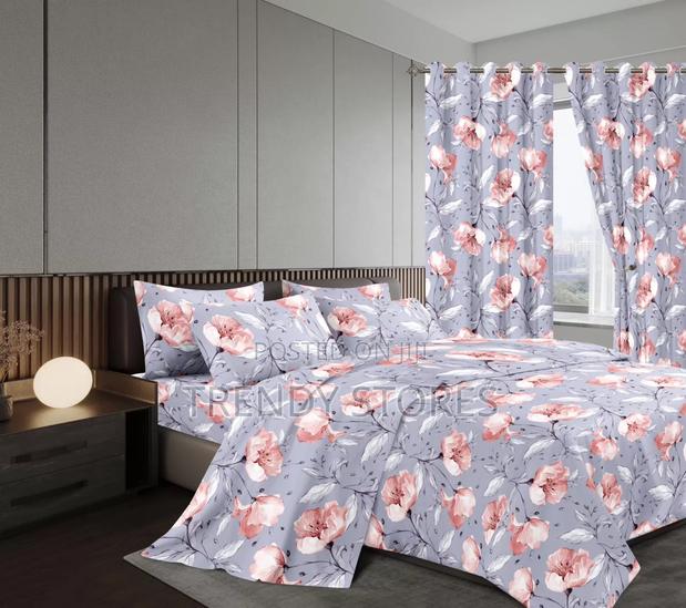7pc Grey Flowered Duvet Set With Curtains