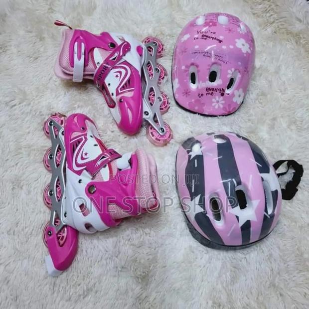 Pink Skates Shoes +Helmet+Knee+Arm Guard 31-42 Size