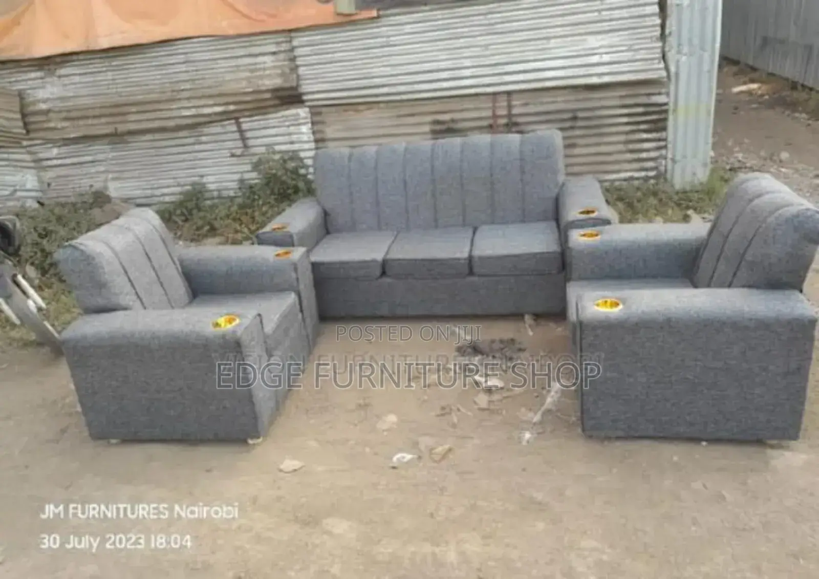 Grey Five Seater Sofa Set With Gold Cup Holders