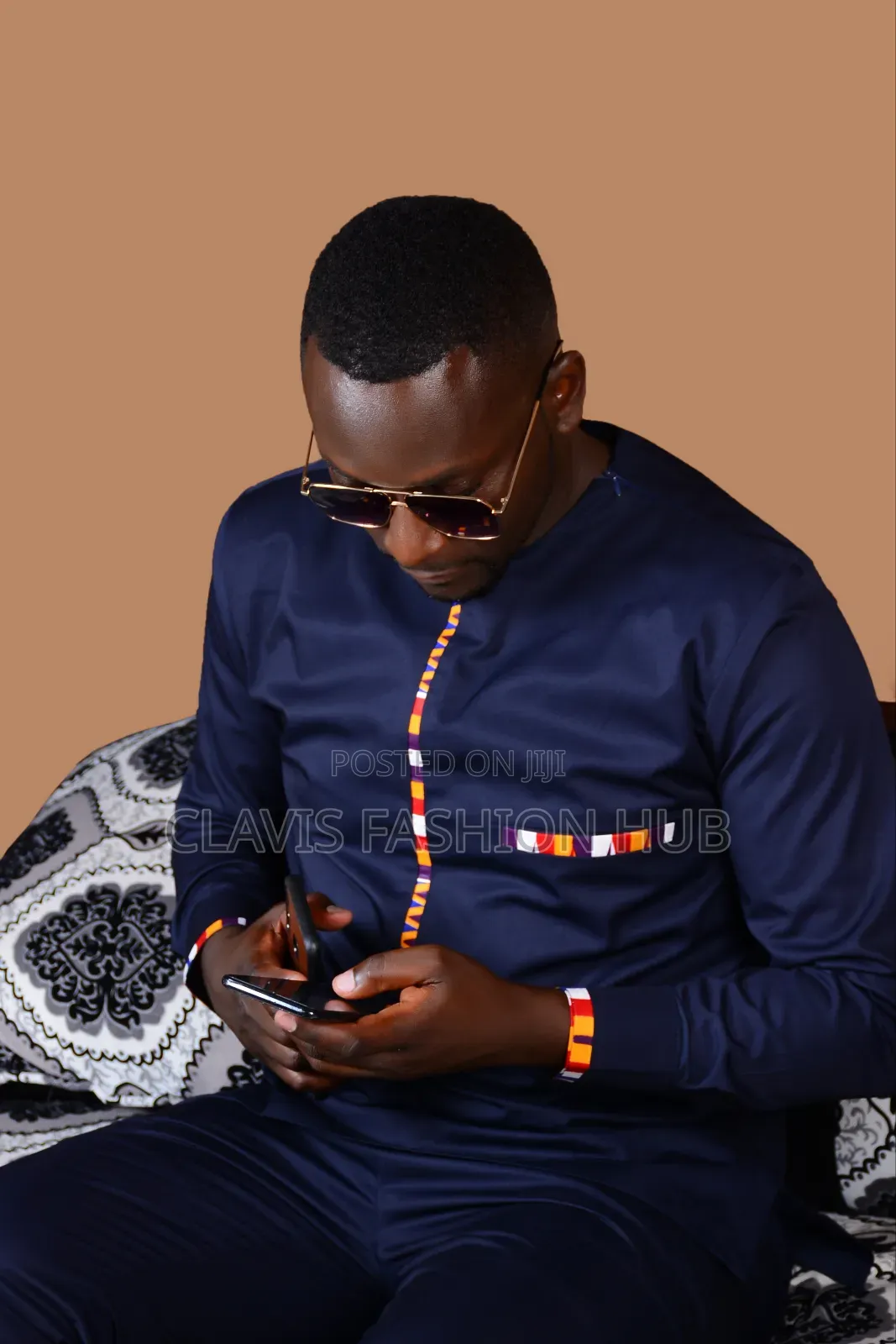 Navy Blue Shirt For Men With Kitenge Decor