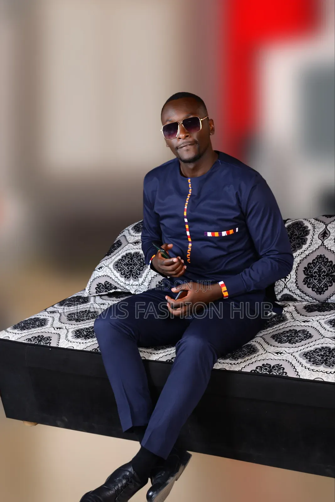 Navy Blue Shirt For Men With Kitenge Decor