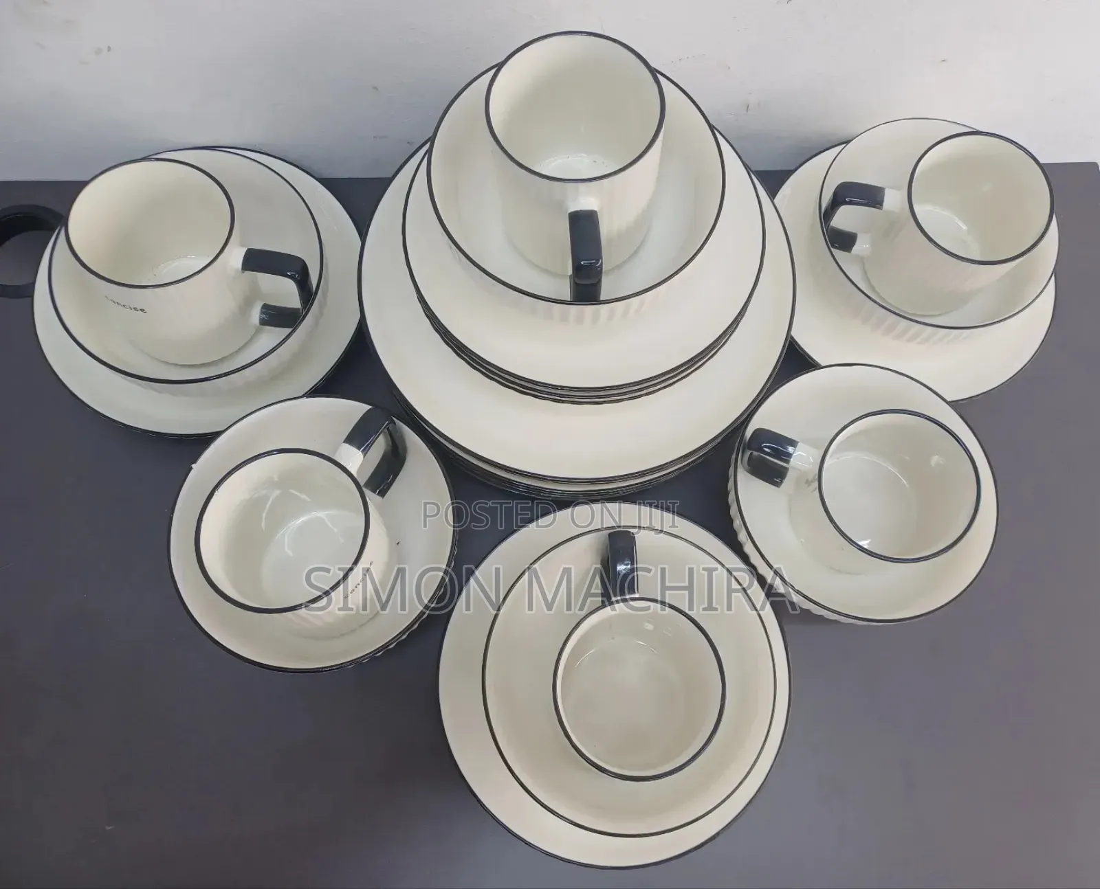Black Rimmed White Dinner Set. Concise 24 Pieces Dinner Set