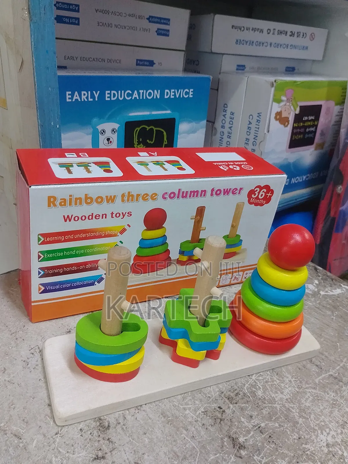 Rainbow Three Column Tower Wooden Toy