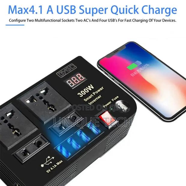 4 USB Car Power Inverter | 300W DC 12V to AC 220V Converter