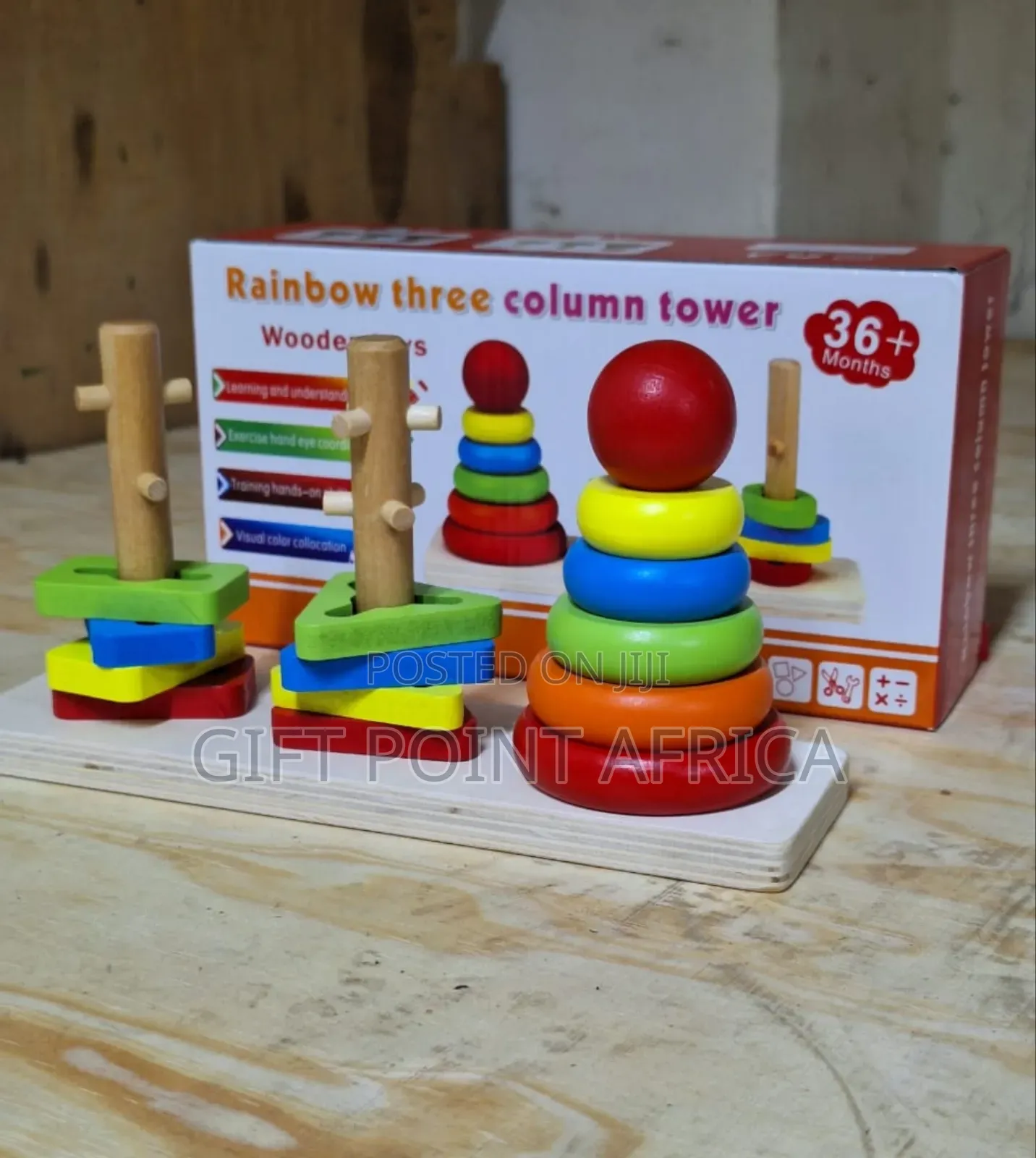 Wooden Three (3) Columns Rainbow Tower for Kids in Shapes