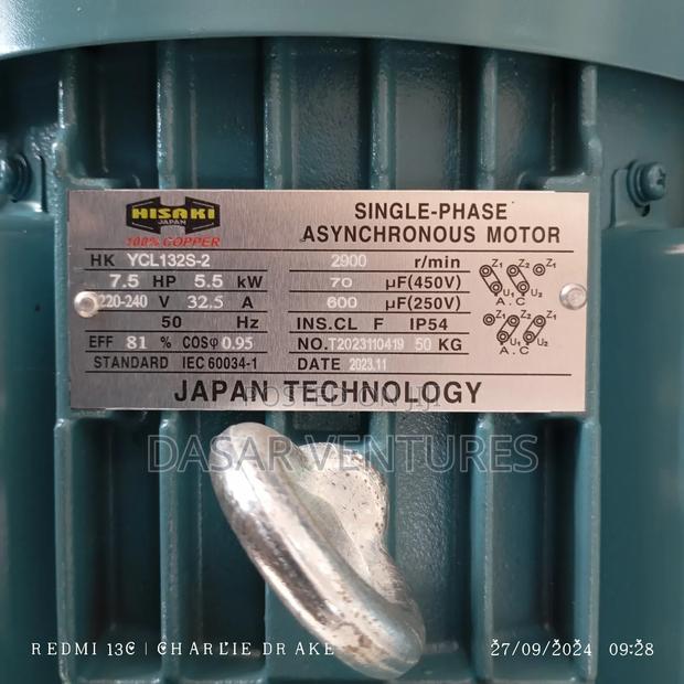 7.5hp Motor ,High Speed , Single Phase, Hisaki Japan - thumbnail 2