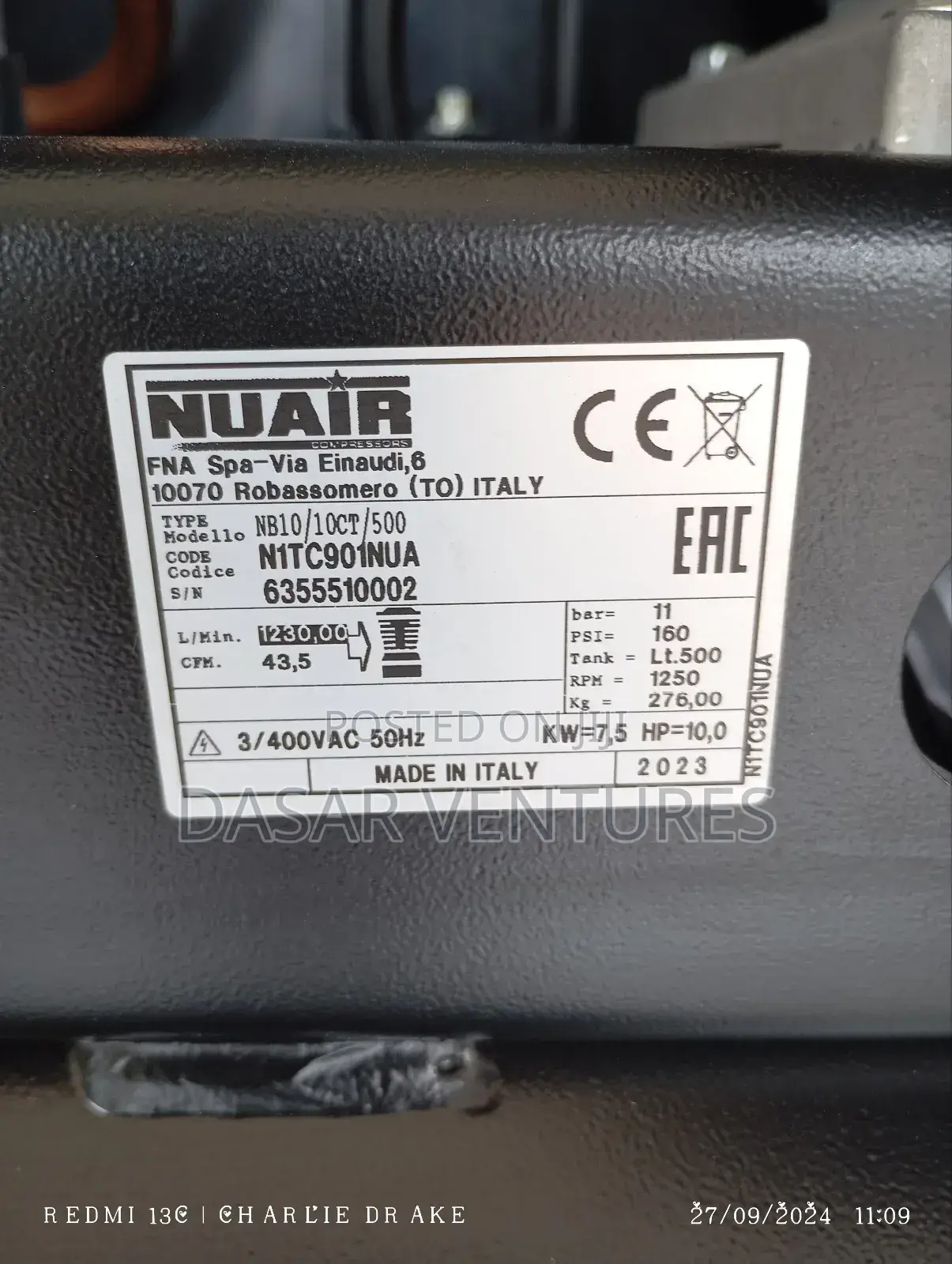 Air Compressor 500l Electric Italian Made - Nuair