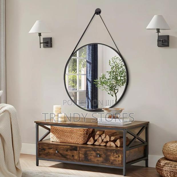 Black Round Hanging Mirror With Straps - main view