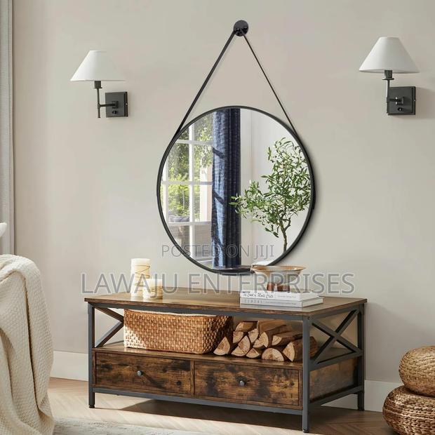 Black Round Mirror With Hanging Strap - main view