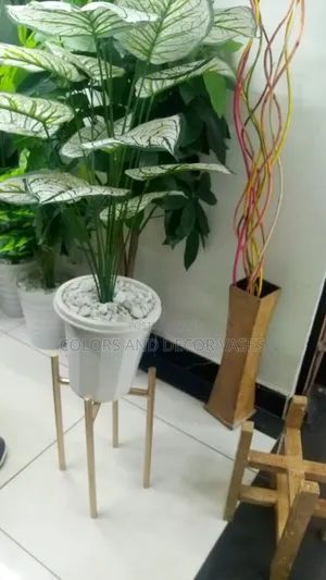 Plant Artificial, Vase and Steel Gold Stand