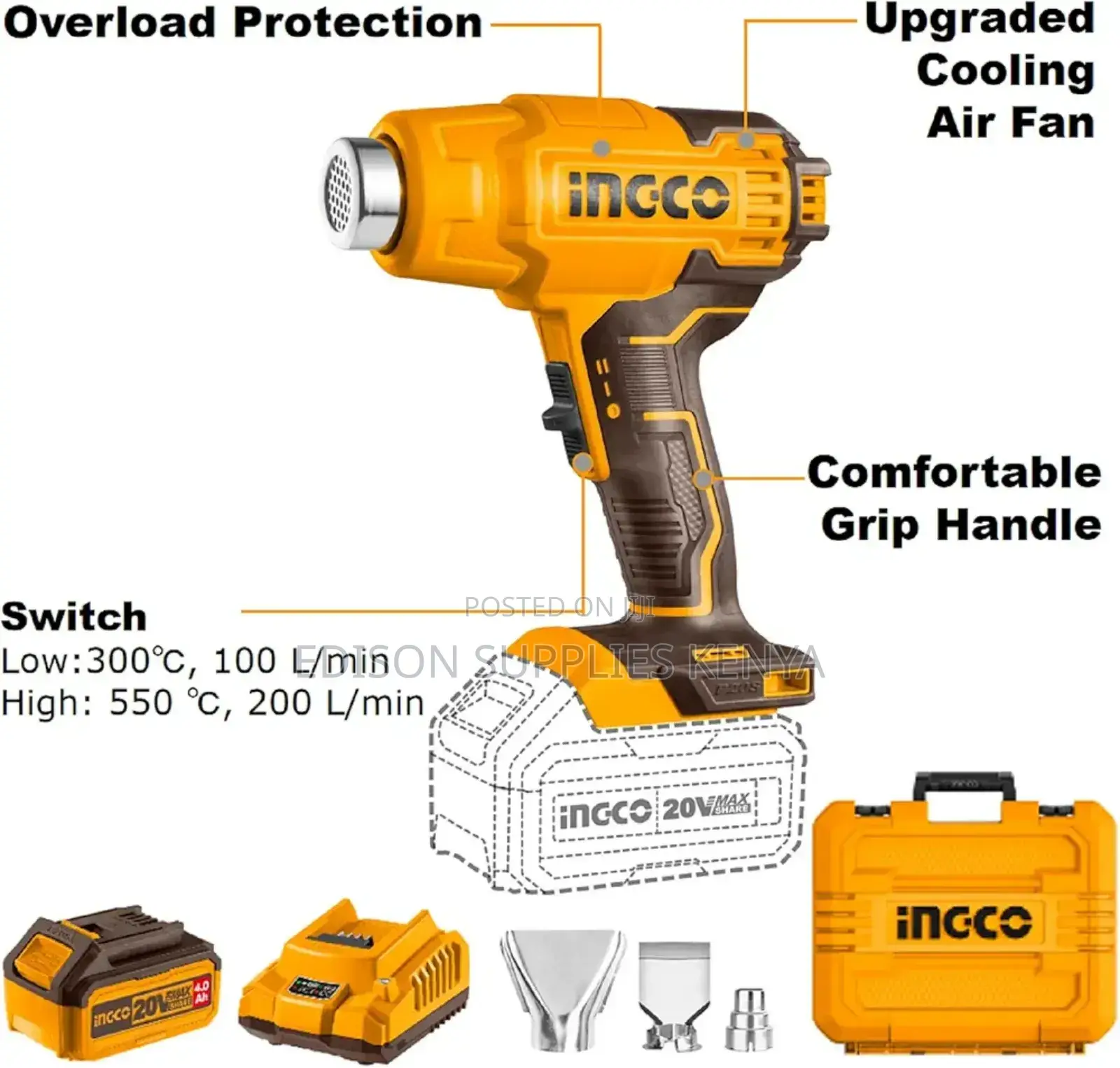 Cordless Heat Gun Ingco Battery Power Hot Air Gun + Charger