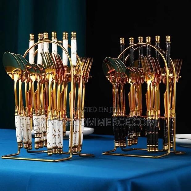 24pcs Marble Cutlery Set Stainless Steel Gold Coated