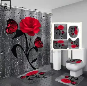 3D 4in1 Bathroom Woolen Mats With Waterproof Shower Curtain