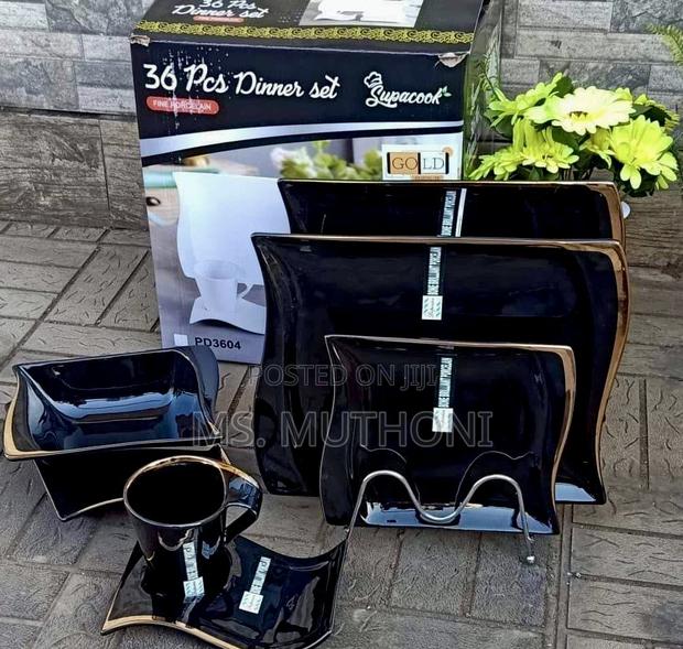 36pcs Rectangular Shaped Black Gold Rim Dinner Set* - main view