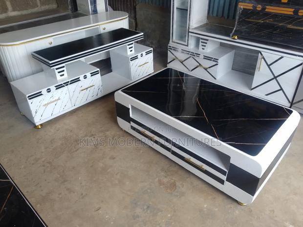 Tv Stand Double Line White a Coffee Table Marble Top Black - main view