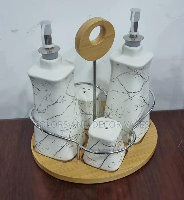 Set of 4 Ceramic Season Oil Dispenser Shakers on Bamboo Base