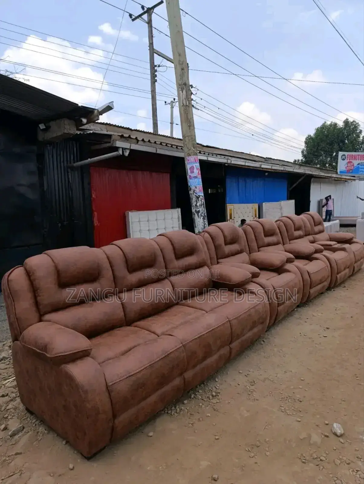 Brown Leather Semi Recliner Sofa 5-Seater