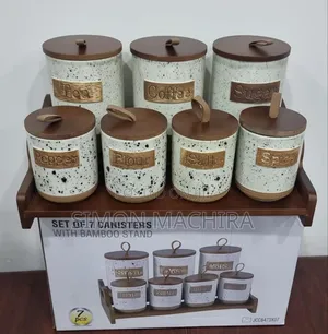 7pc Ceramic Canisters on Bamboo Stand