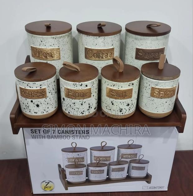 7pc Ceramic Canisters on Bamboo Stand - main view