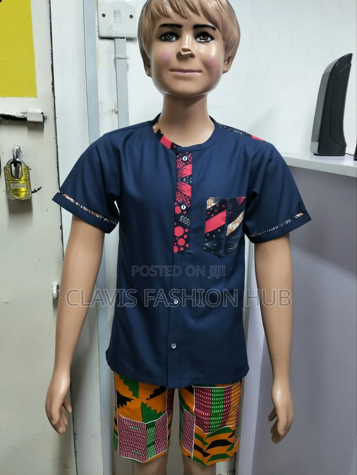 Navy Blue Boys Shirt With Kitenge Decoration