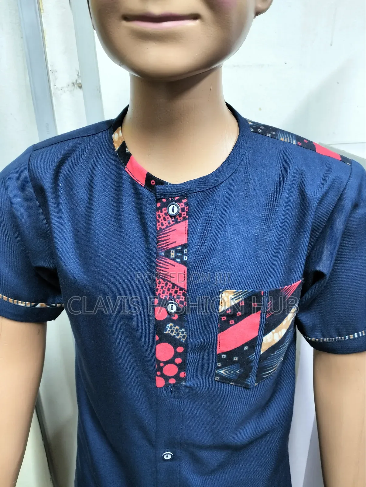 Navy Blue Boys Shirt With Kitenge Decoration