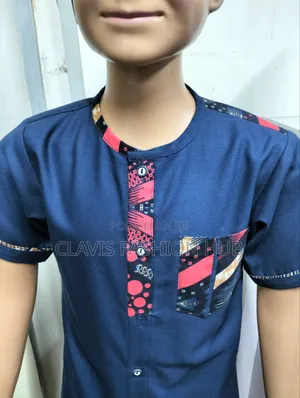 Navy Blue Boys Shirt With Kitenge Decoration