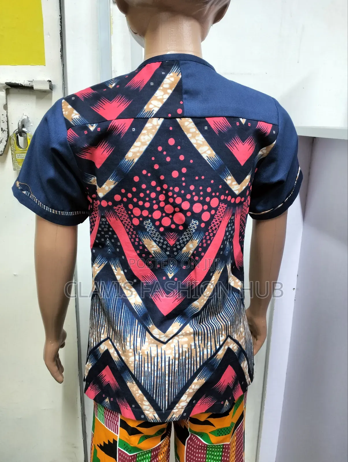 Navy Blue Boys Shirt With Kitenge Decoration