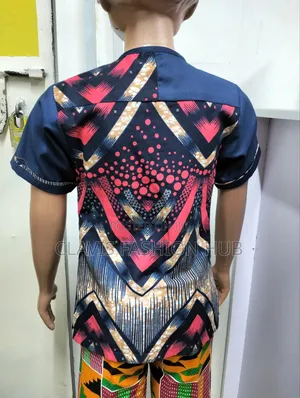 Navy Blue Boys Shirt With Kitenge Decoration