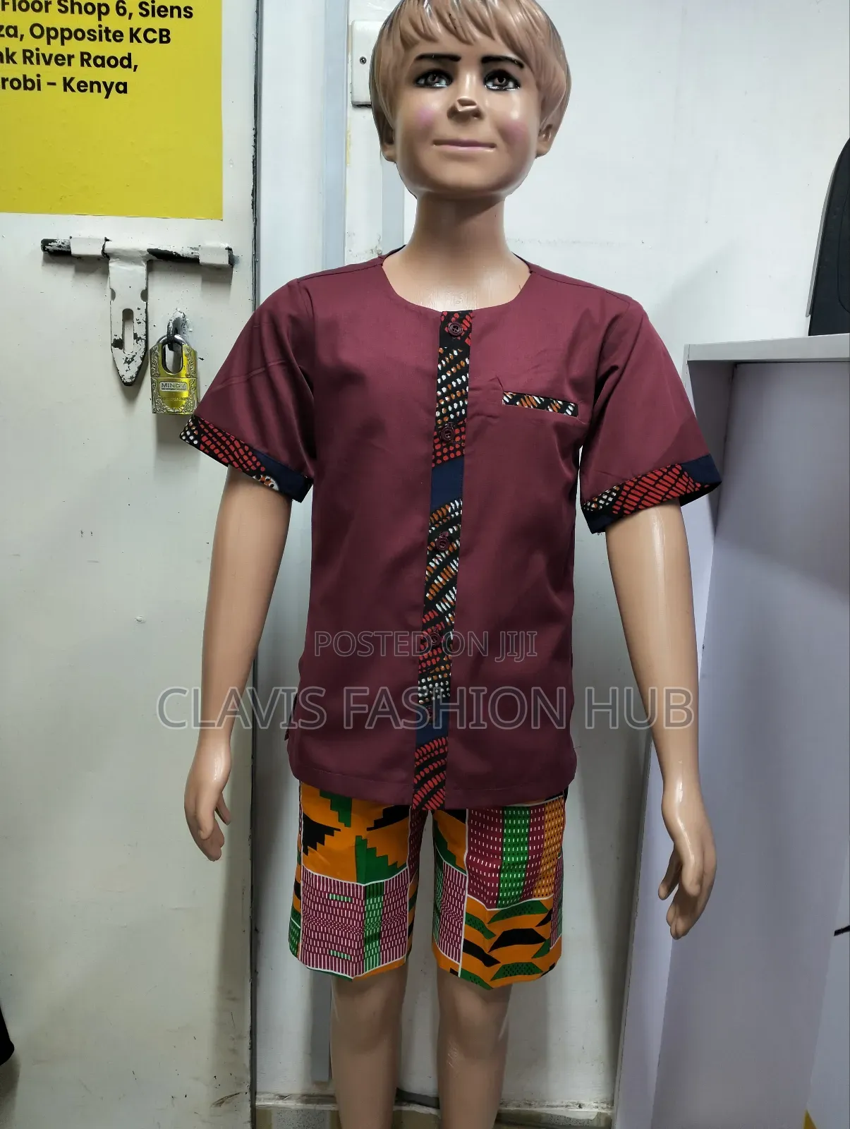 Maoon Boys Shirt With Navy Blue Kitenge