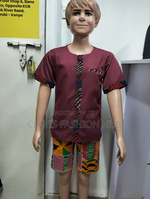 Maoon Boys Shirt With Navy Blue Kitenge