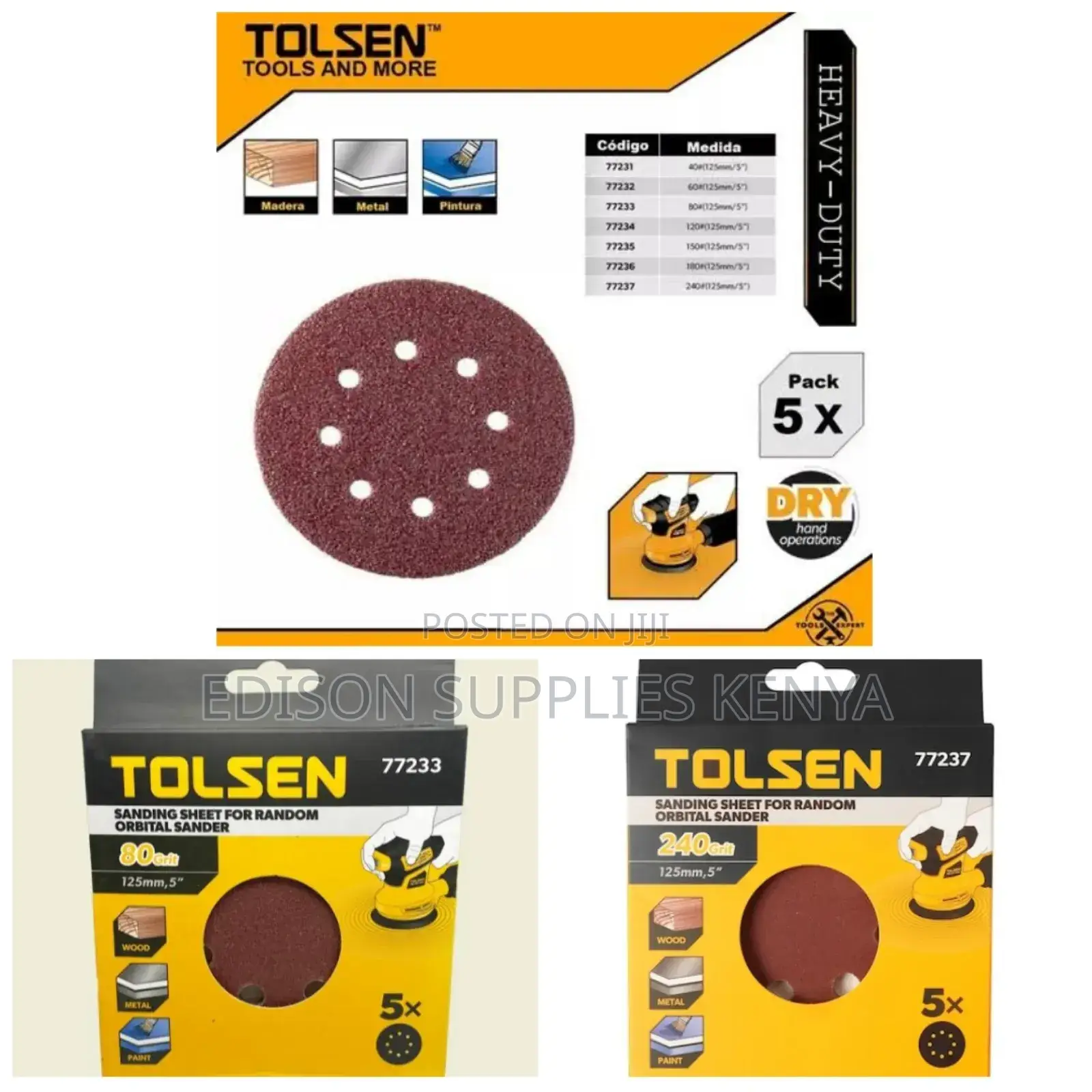 Tolsen 5pcs Sanding Sheets for Random Orbital Sander Grits