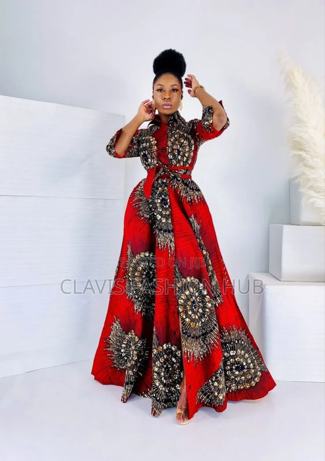 Red and Brown Ankara Maxi Dress for Ladies