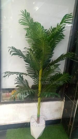 1.5m Long Palm Tree With Plastic Vase and Pebble Stones - main view