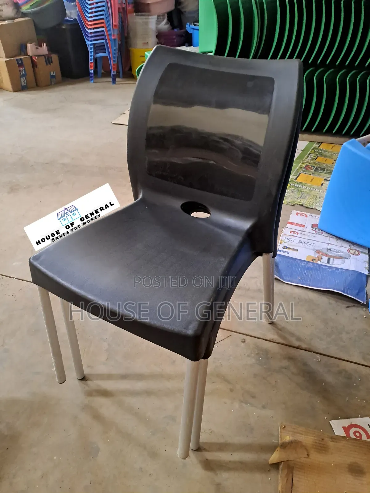 Black Armless Plastic Chair With Metal