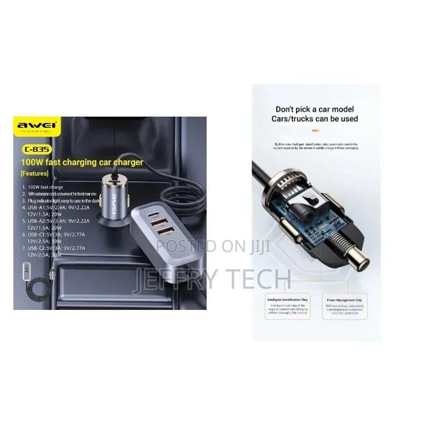 Awei Fast Charging Car Charger With Ports: 2xusb With Type-C - thumbnail 2