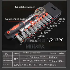 12 Pcs, 1/2" Drive, Socket Wrench Set, 8-24mm