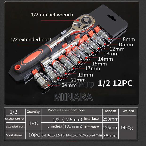 12 Pcs, 1/2" Drive, Socket Wrench Set, 8-24mm - thumbnail 2