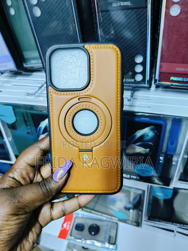 iPhone 15 Promax Brown Leather Magnetic Back Case With Stand - thumbnail 2