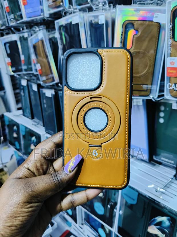 iPhone 14 Pro Brown Leather Magnetic Back Case With Stand - main view