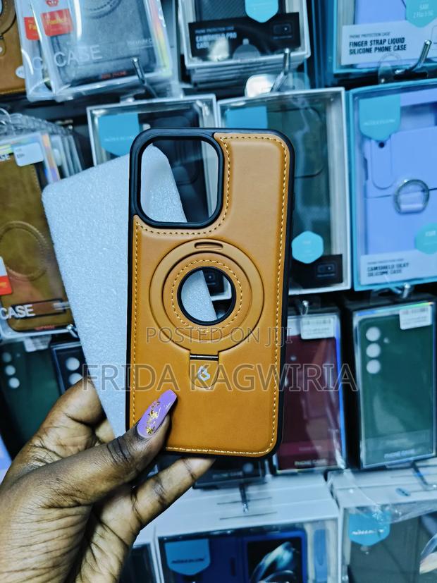 iPhone 14 Pro Brown Leather Magnetic Back Case With Stand - thumbnail 3