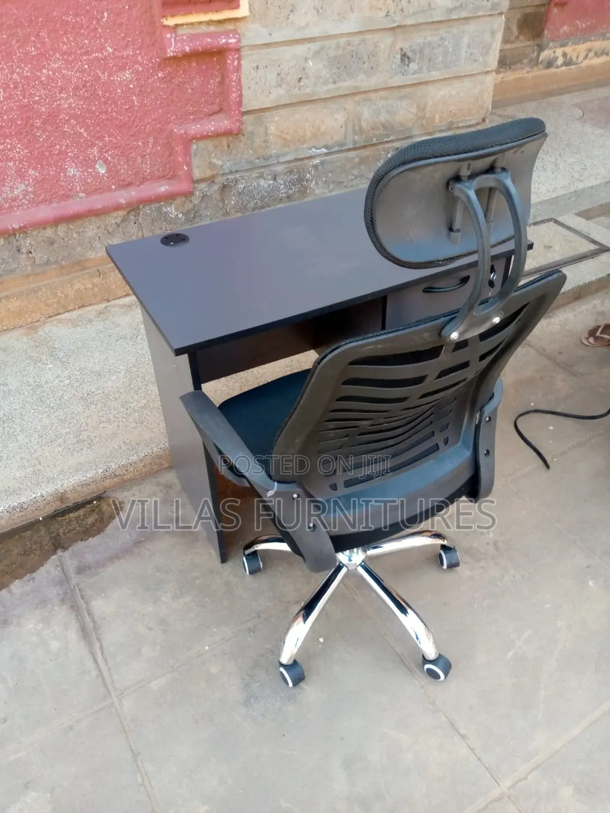 Grey Office Desk and Headrest Chair