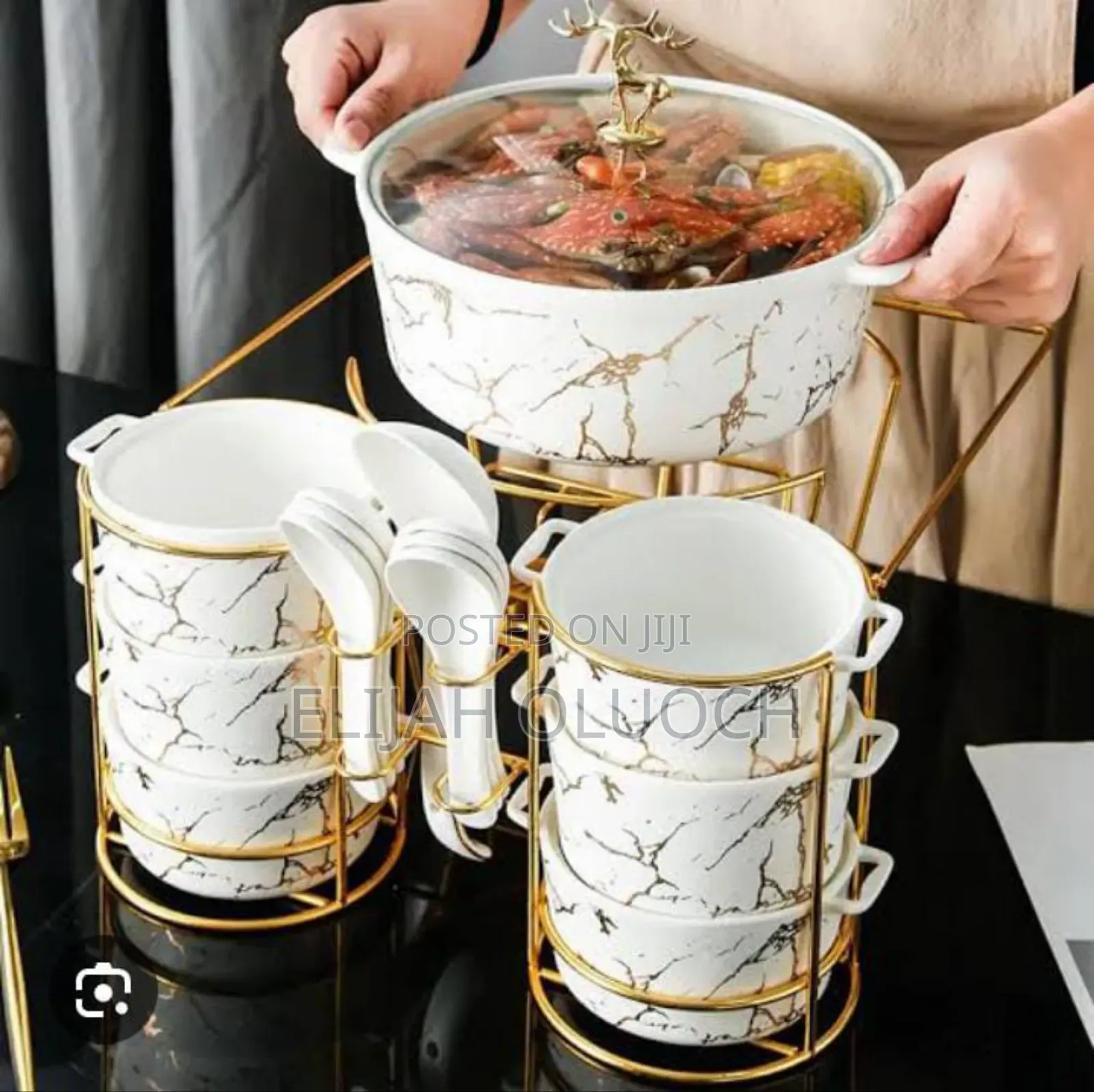 15pcs Nordic Ceramic Soup Pot Binaural Soup Bowl Set Marble