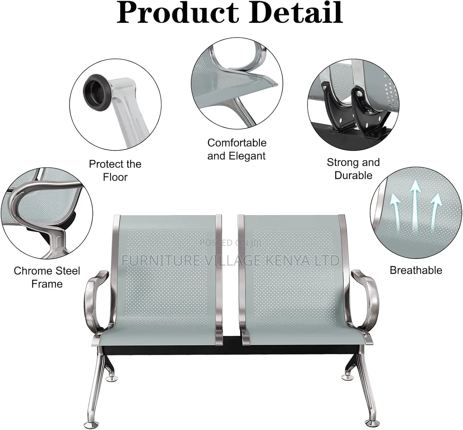 2-Seater Silver Office Waiting Room Bench, Guest Chairs