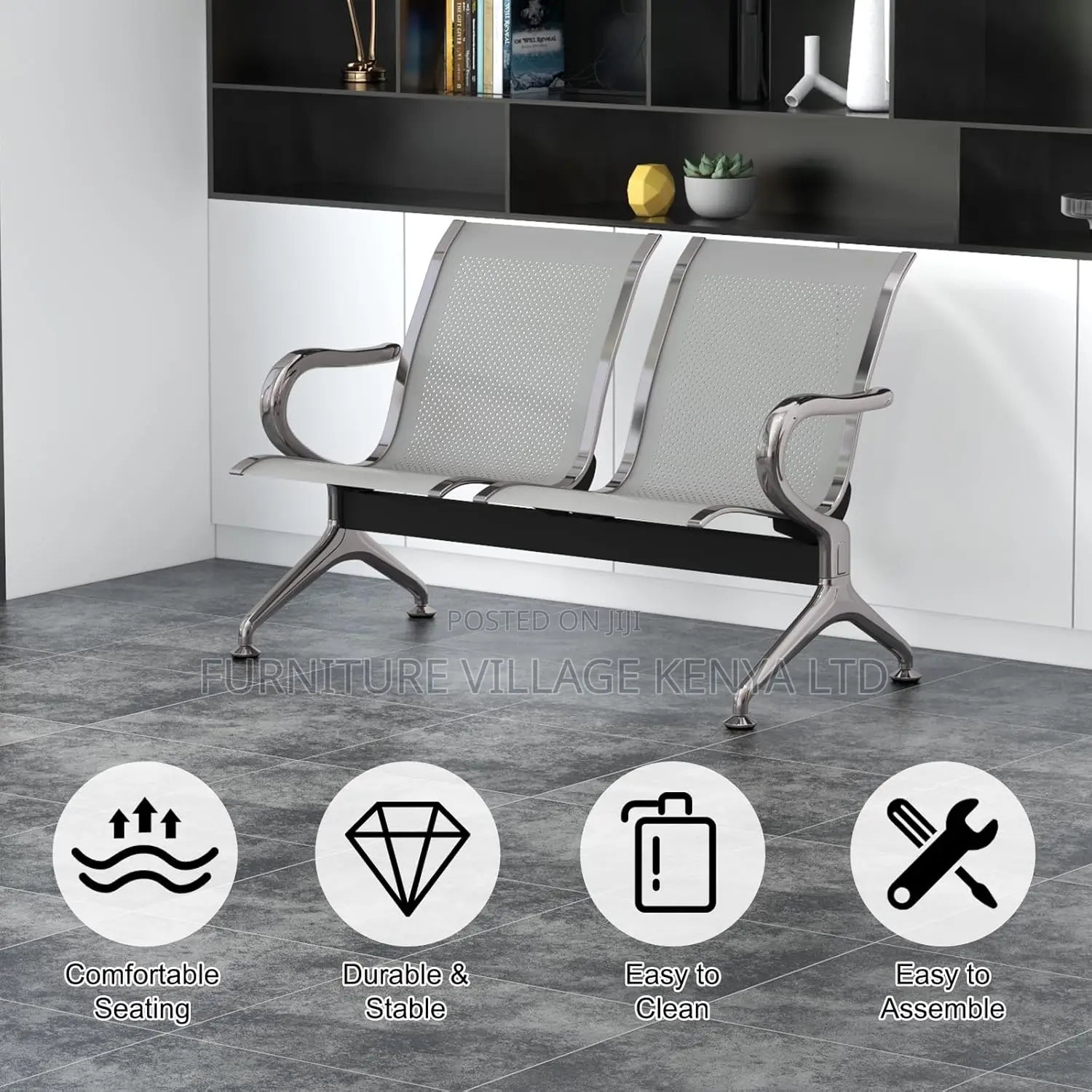 2-Seater Silver Office Waiting Room Bench, Guest Chairs