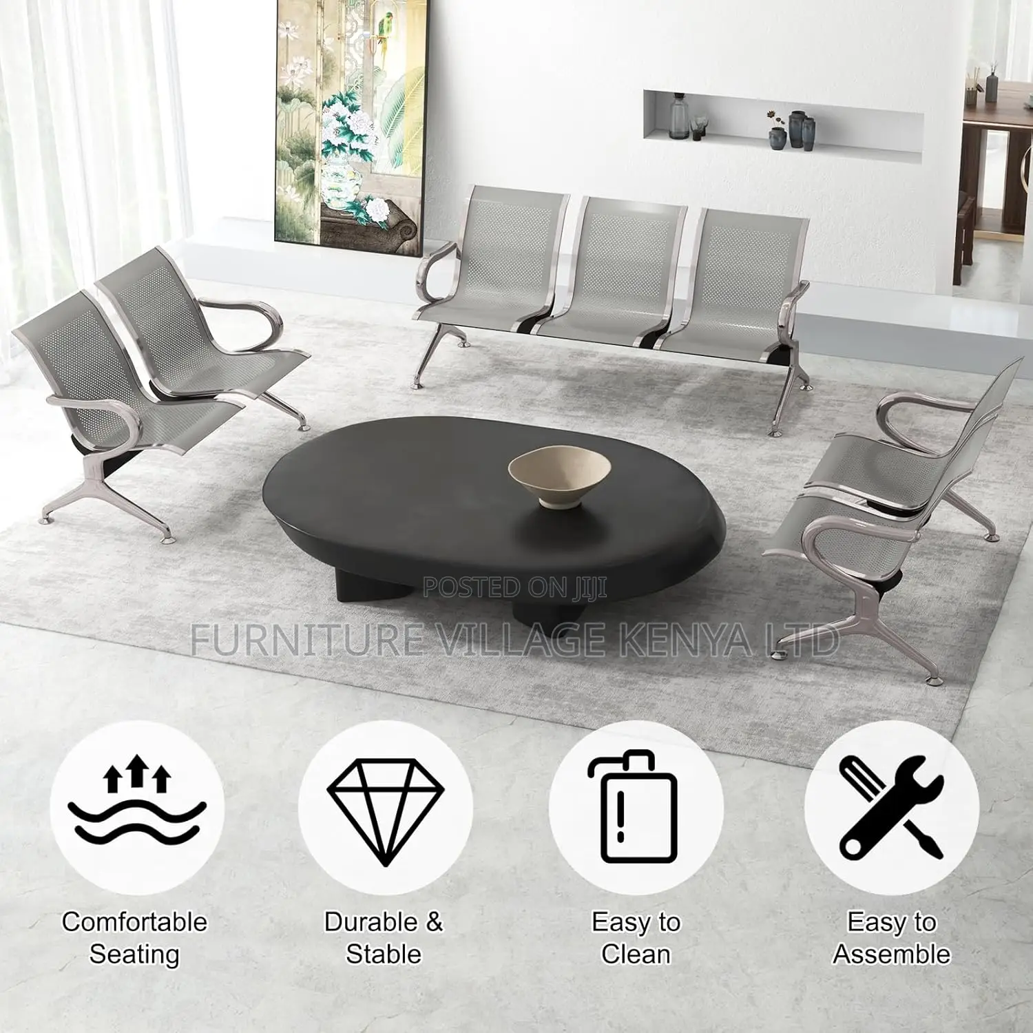 Three Seater Reception Metallic Bench, Office Waiting Chairs