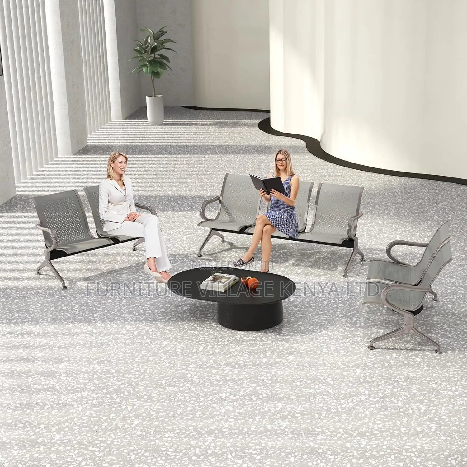 Three Seater Reception Metallic Bench, Office Waiting Chairs