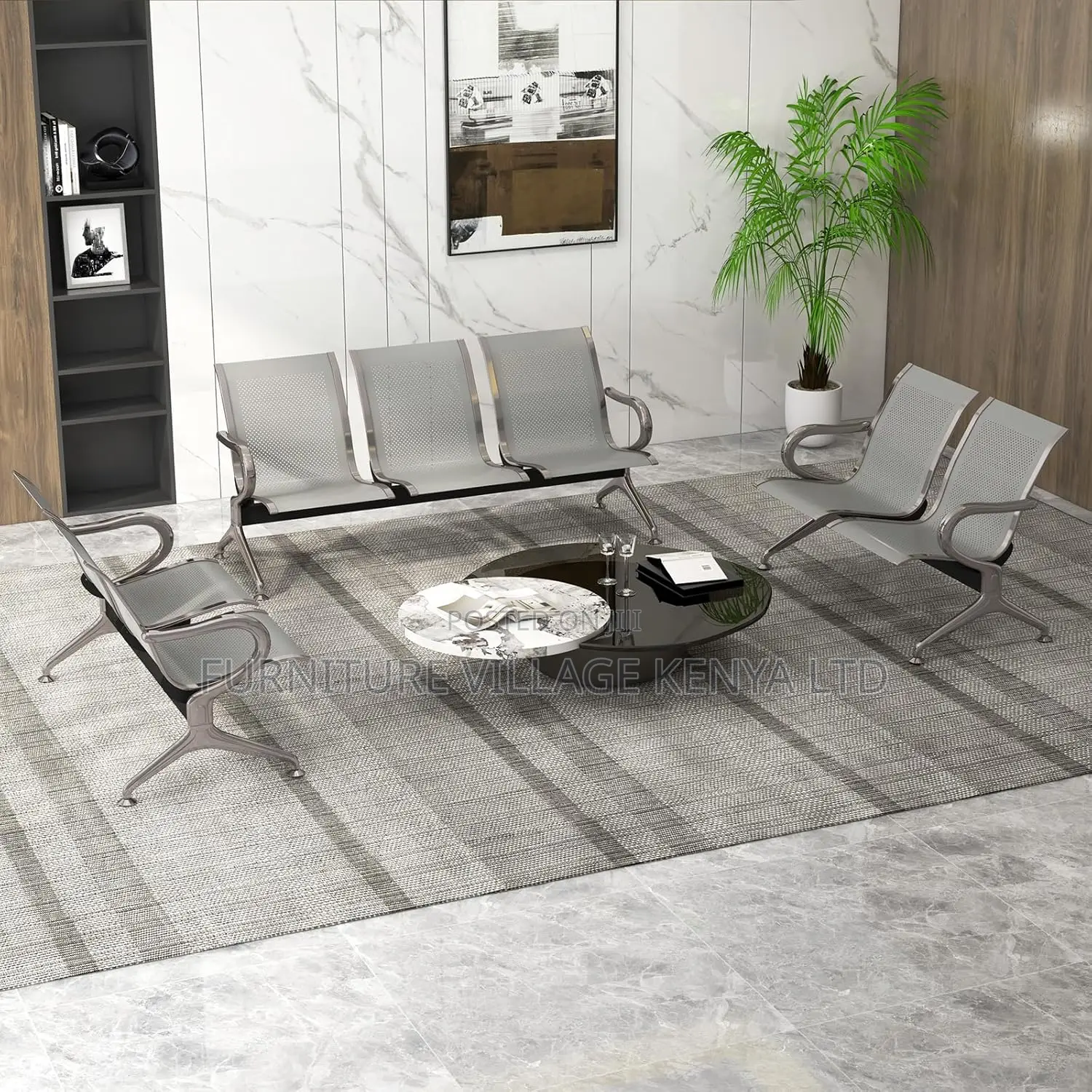 Three Seater Reception Metallic Bench, Office Waiting Chairs