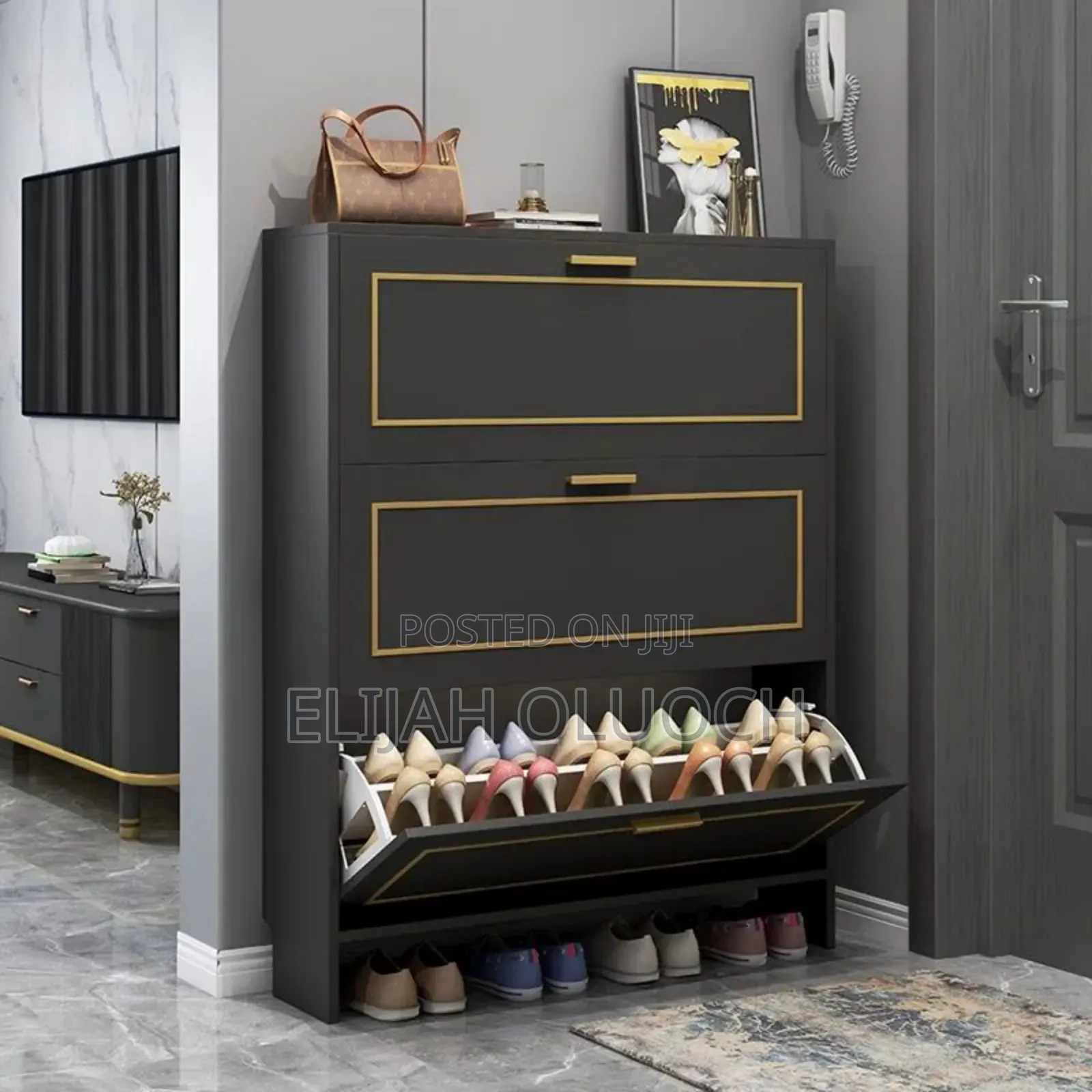 Modern 3tier Black Bucket Flip Shoe Cabinet